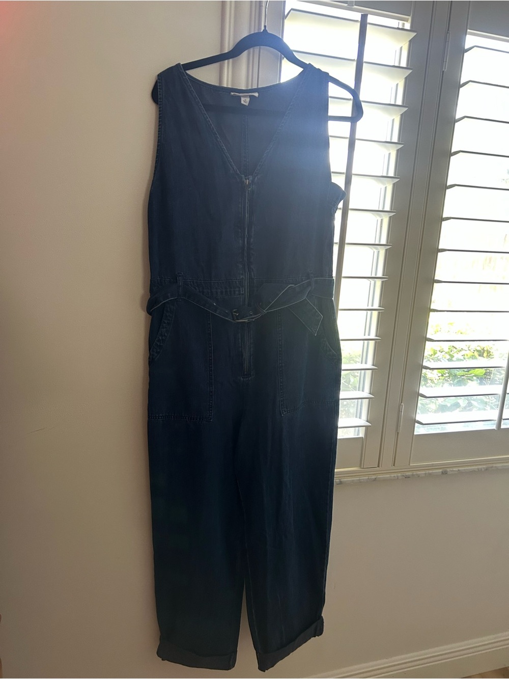 Belted Dark Blue Denim Jumpsuit - Sleeveless Women Jeans Jumpsuit